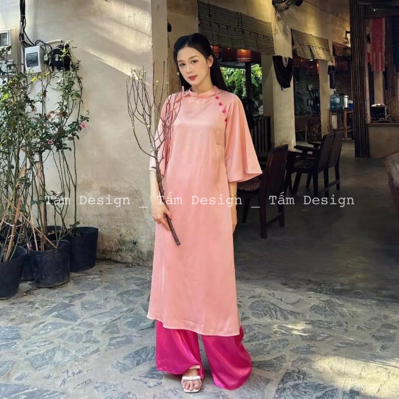 Áo dài Vân Du lụa trơn kèm quần lụa, áo dài cúc bọc cổ buộc nơ vải trơn kèm quần