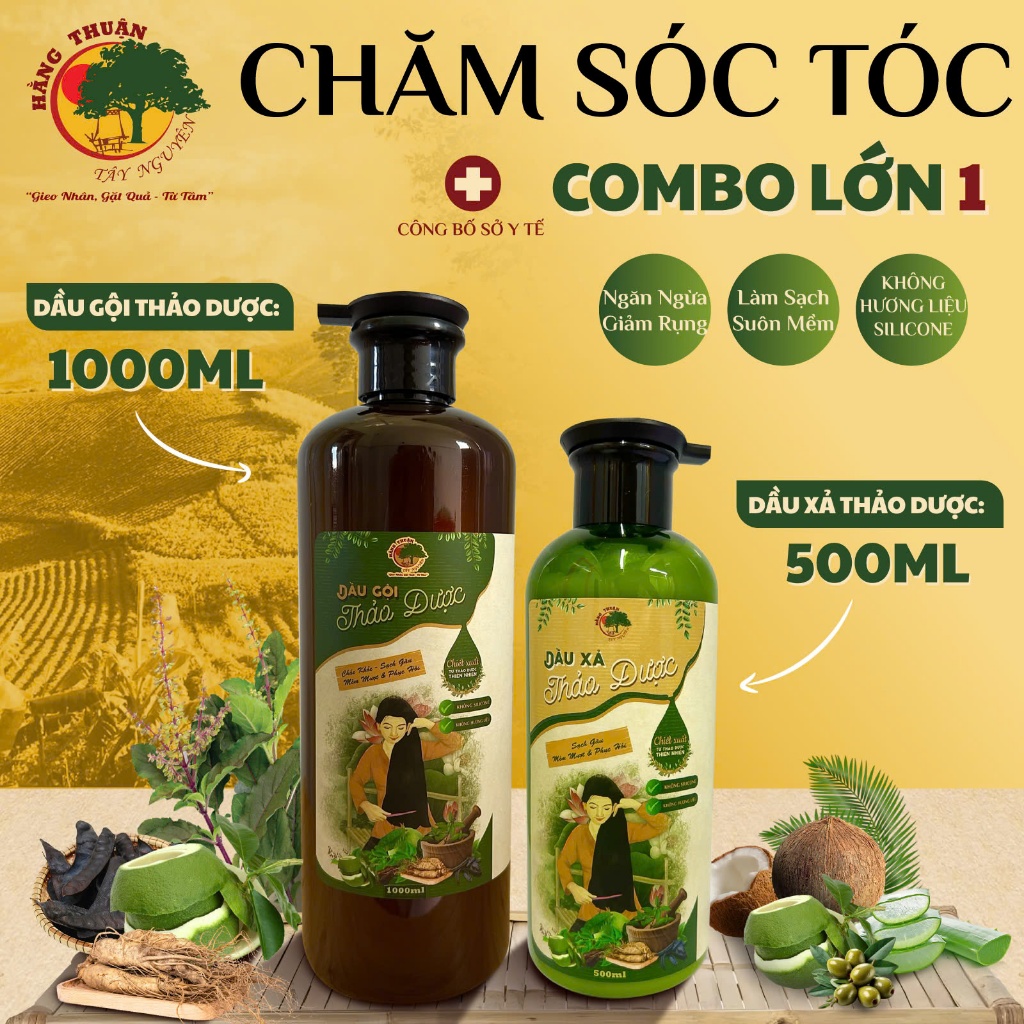 Bộ Sản Phẩm Chăm Sóc Tóc Hằng Thuận Tây Nguyên - Dầu gội, dầu xả, xịt bưởi cho Nữ