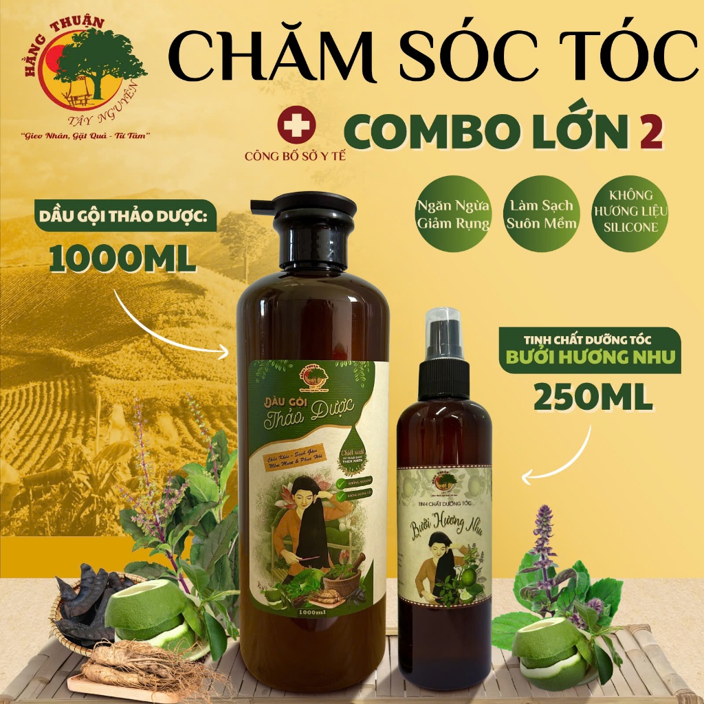 Bộ Sản Phẩm Chăm Sóc Tóc Hằng Thuận Tây Nguyên - Dầu gội, dầu xả, xịt bưởi cho Nữ
