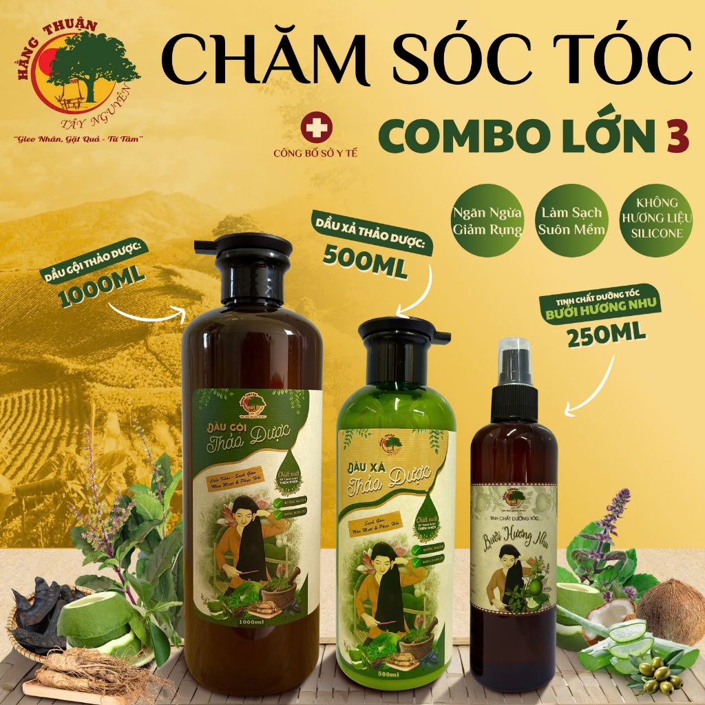 Bộ Sản Phẩm Chăm Sóc Tóc Hằng Thuận Tây Nguyên - Dầu gội, dầu xả, xịt bưởi cho Nữ