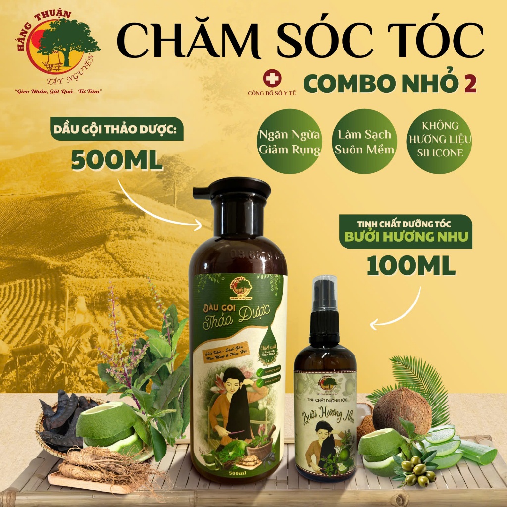 Bộ Sản Phẩm Chăm Sóc Tóc Hằng Thuận Tây Nguyên - Dầu gội, dầu xả, xịt bưởi cho Nữ