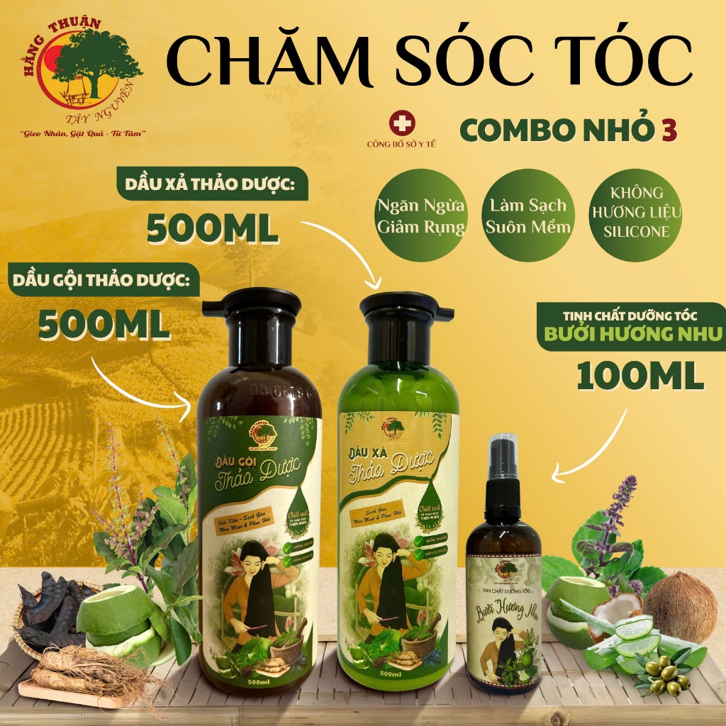 Bộ Sản Phẩm Chăm Sóc Tóc Hằng Thuận Tây Nguyên - Dầu gội, dầu xả, xịt bưởi cho Nữ
