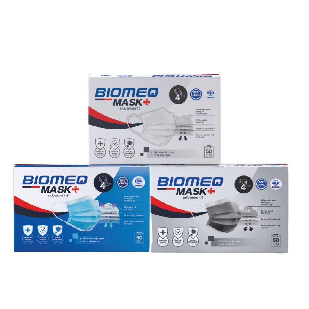Khẩu trang y tế Biomeq Mask+ 4 lớp kháng khuẩn, hiệu quả lọc vi khuẩn BFE trên 98%