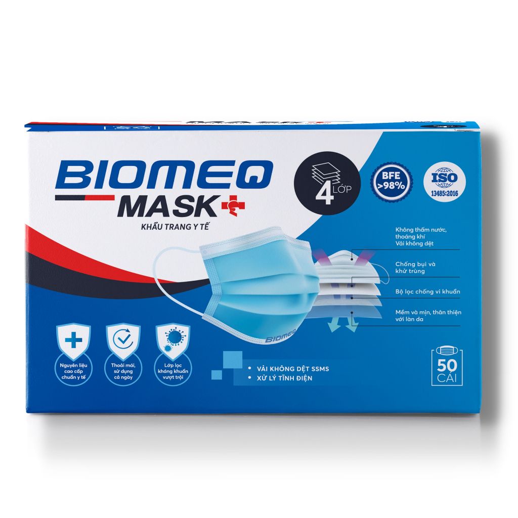 Khẩu trang y tế Biomeq Mask+ 4 lớp kháng khuẩn, hiệu quả lọc vi khuẩn BFE trên 98%