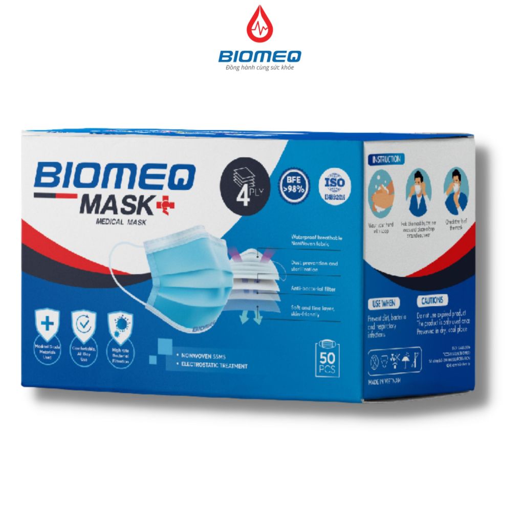 Khẩu trang y tế Biomeq Mask+ 4 lớp kháng khuẩn, hiệu quả lọc vi khuẩn BFE trên 98%