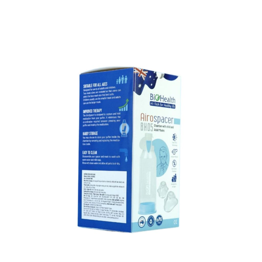 Buồng đệm khí dung BioHealth BH05 - Van 2 chiều thể tích 220ml xông mũi họng dành cho người lớn và trẻ em