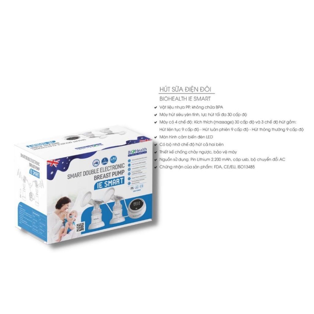 Máy hút sữa điện đôi Biohealth IE Smart 30 cấp độ hoạt động êm ái, an toàn và dễ sử dụng