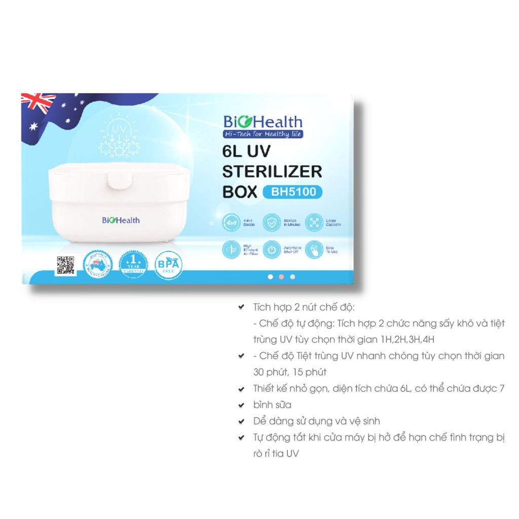 Hộp tiệt trùng UV 6L Biohealth BH5100 tích hợp sấy khô, nhanh chóng dễ sử dụng - Bảo hành 1 năm