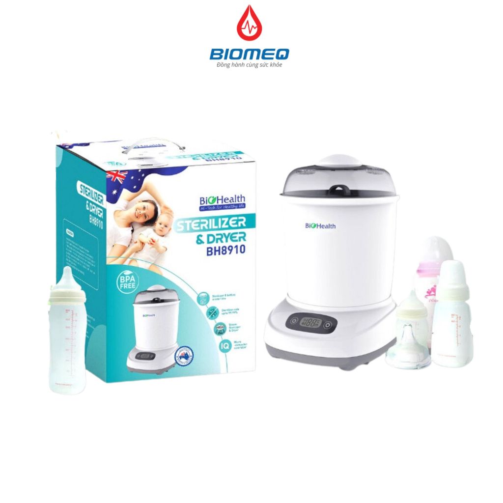 Máy tiệt trùng và sấy khô bình sữa BioHealth BH8910 diện tích rộng, đủ cùng lúc 8 bình sữa