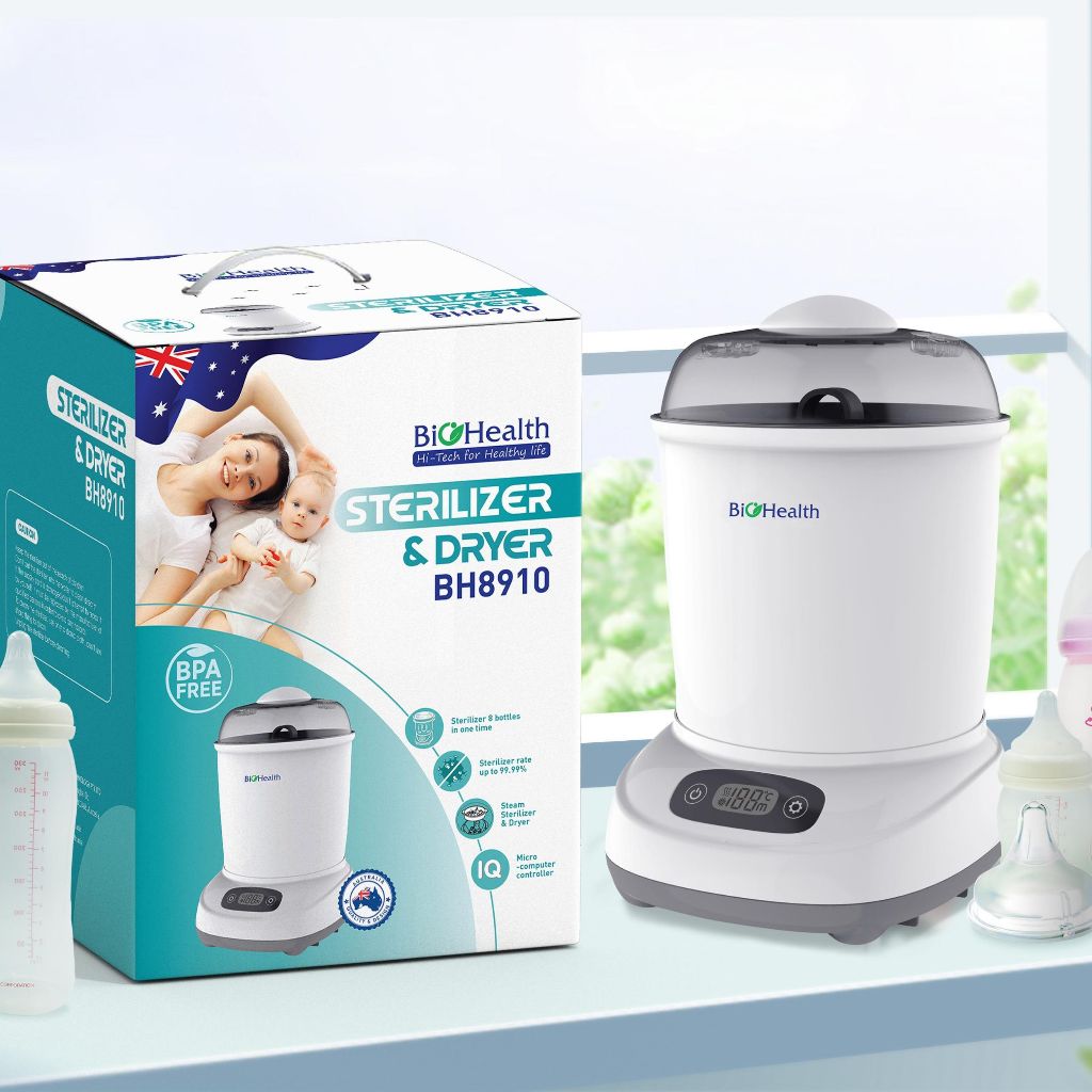 Máy tiệt trùng và sấy khô bình sữa BioHealth BH8910 diện tích rộng, đủ cùng lúc 8 bình sữa