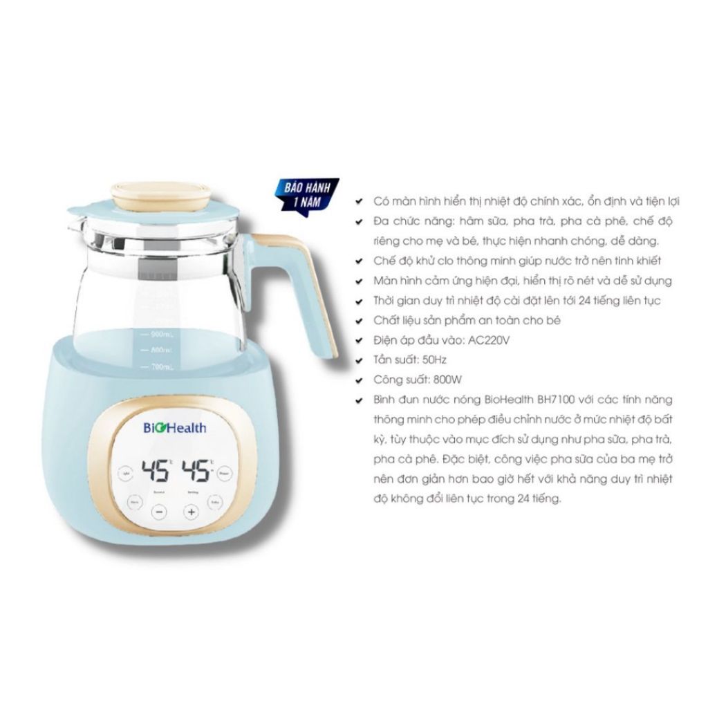Ấm đun nước đa năng Biohealth BH7100 hâm sữa pha trà pha cafe với chế độ riêng cho mẹ và bé