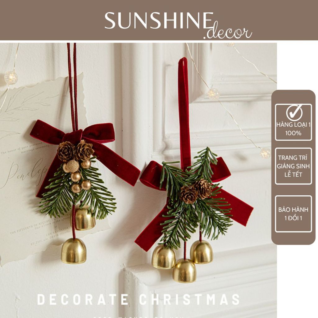Chuông Giáng sinh nơ nhung, kẻ caro trang trí lễ hội Noel, treo cửa năm ...