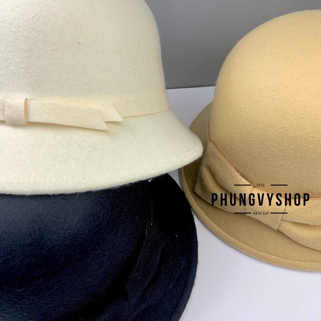 Mũ nón cối DẠ ÉP FORM CỨNG Gắn NƠ thu đông bụcket bèo vành phungvyshop