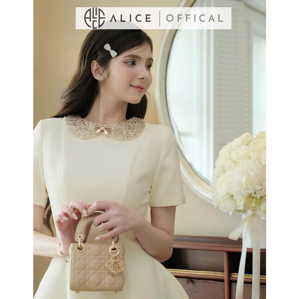 Ảnh Váy Đầm Tiểu Thư Tay Ngắn Dáng Xòe Alice Cổ Xích Đính Đá Chất Liệu Chéo Rubi Có Chiết Eo V1260 Đính Nơ Chân Váy 3