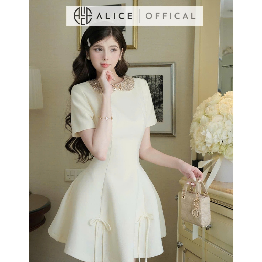 Ảnh Váy Đầm Tiểu Thư Tay Ngắn Dáng Xòe Alice Cổ Xích Đính Đá Chất Liệu Chéo Rubi Có Chiết Eo V1260 Đính Nơ Chân Váy 4