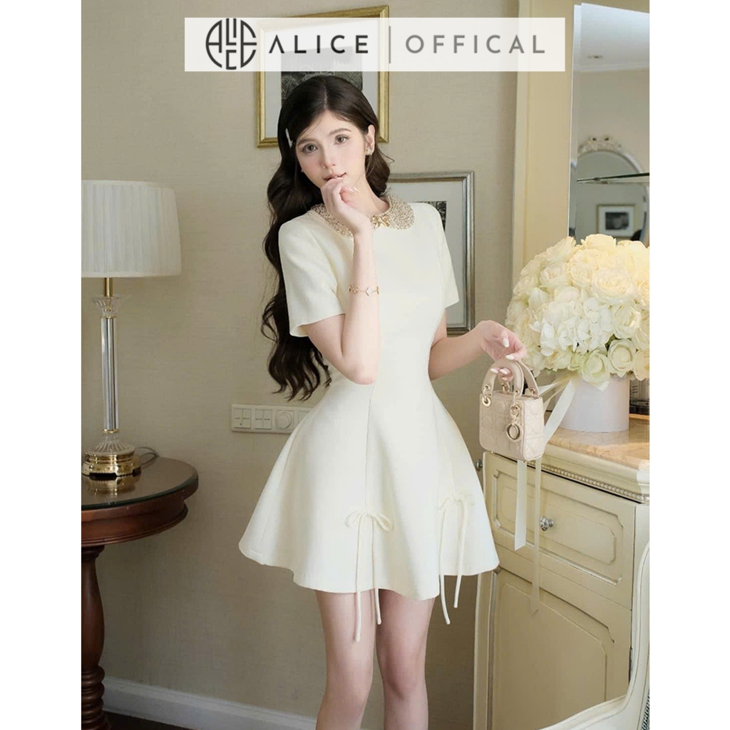 Ảnh Váy Đầm Tiểu Thư Tay Ngắn Dáng Xòe Alice Cổ Xích Đính Đá Chất Liệu Chéo Rubi Có Chiết Eo V1260 Đính Nơ Chân Váy 2