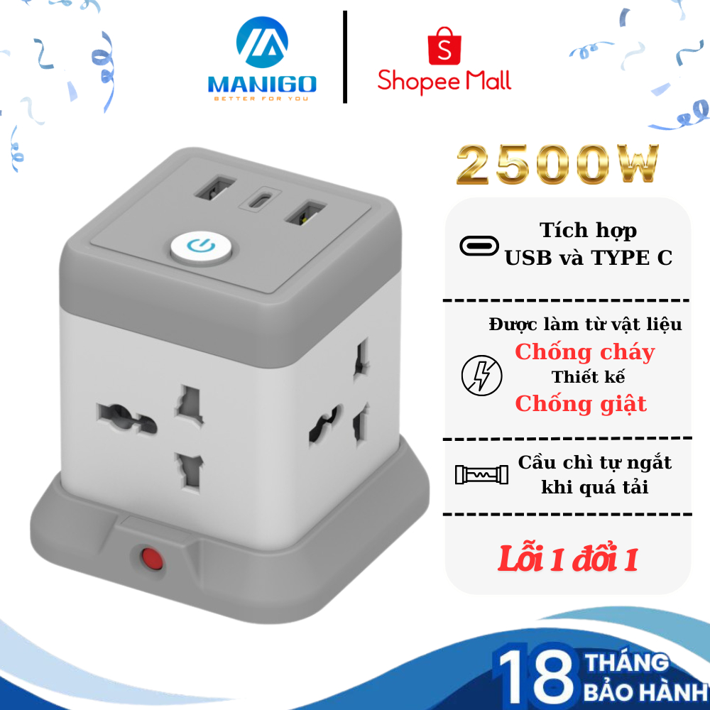 Ảnh Ổ cắm điện Manigo nhiều ổ cắm 2 cổng USB TypeC công suất 2500W dây dài 2.5m tự ngắt áp BH 18 Tháng 1