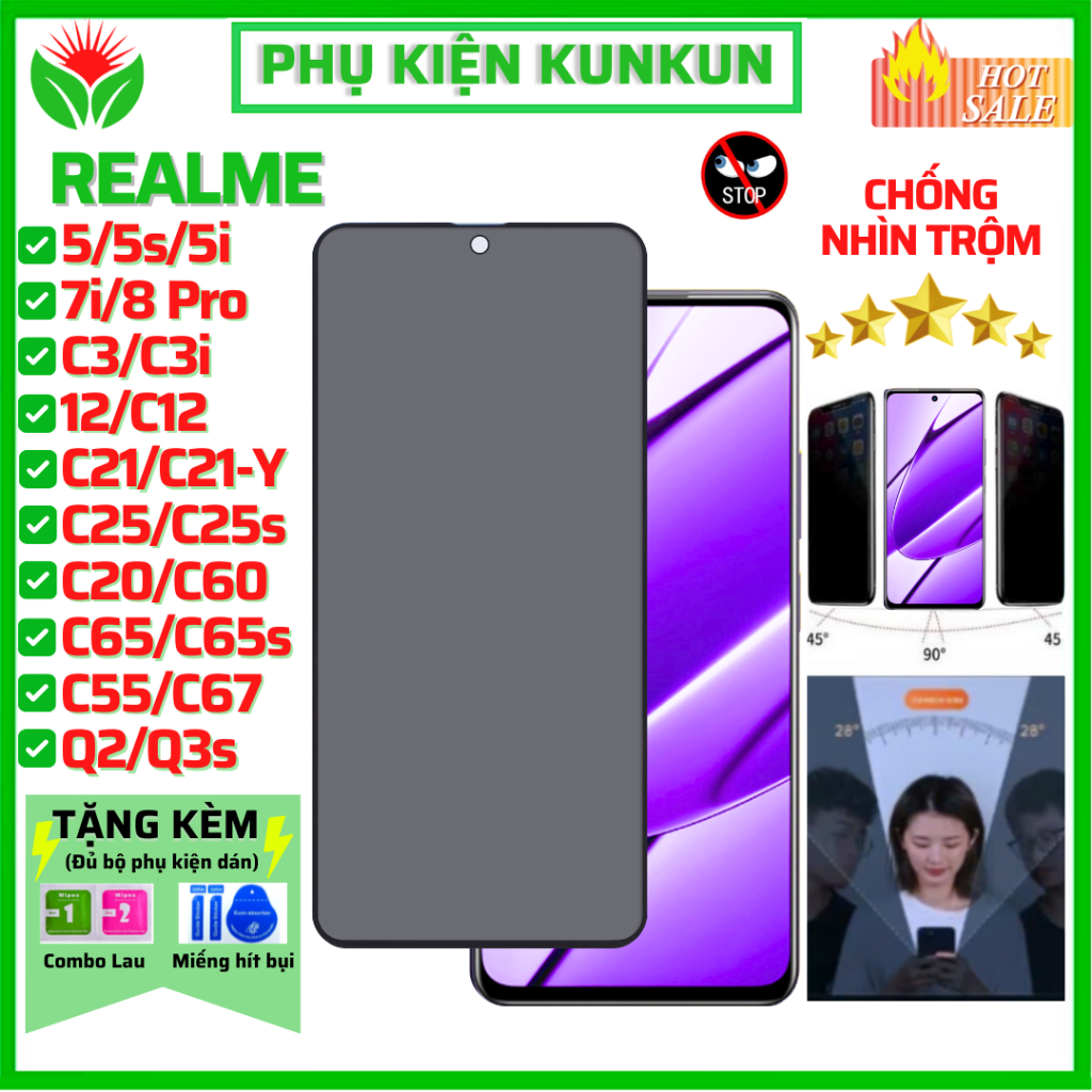 Cường lực chống nhìn trộm Realme 5 5s 5i 7i 8 pro 12 C3 C3i C12 C20 C21 C21-Y C25 C25s C55 C60 C61 C65 C65s C67 C75 C85
