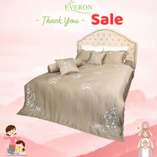 Everon drap ga phủ 1m6*2m bộ chăn ga gối màu nâu thêu hoa lá chất liệu 100% Tencel giảm giá EST 20031