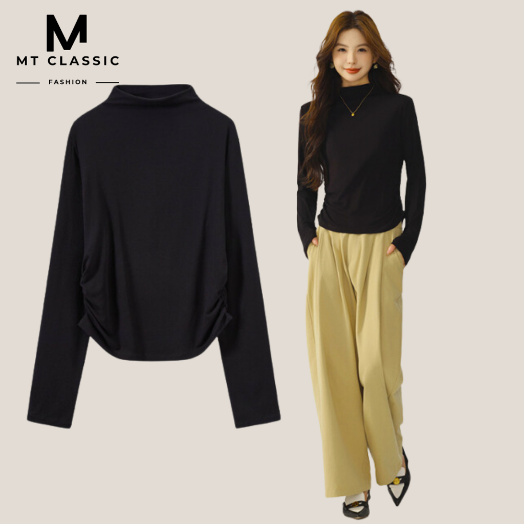 Áo thun cổ cao rút eo, áo dài tay chất liệu thun lazong chính phẩm, mềm mịn co giãn 4 chiều form dáng basic - MT CLASSIC