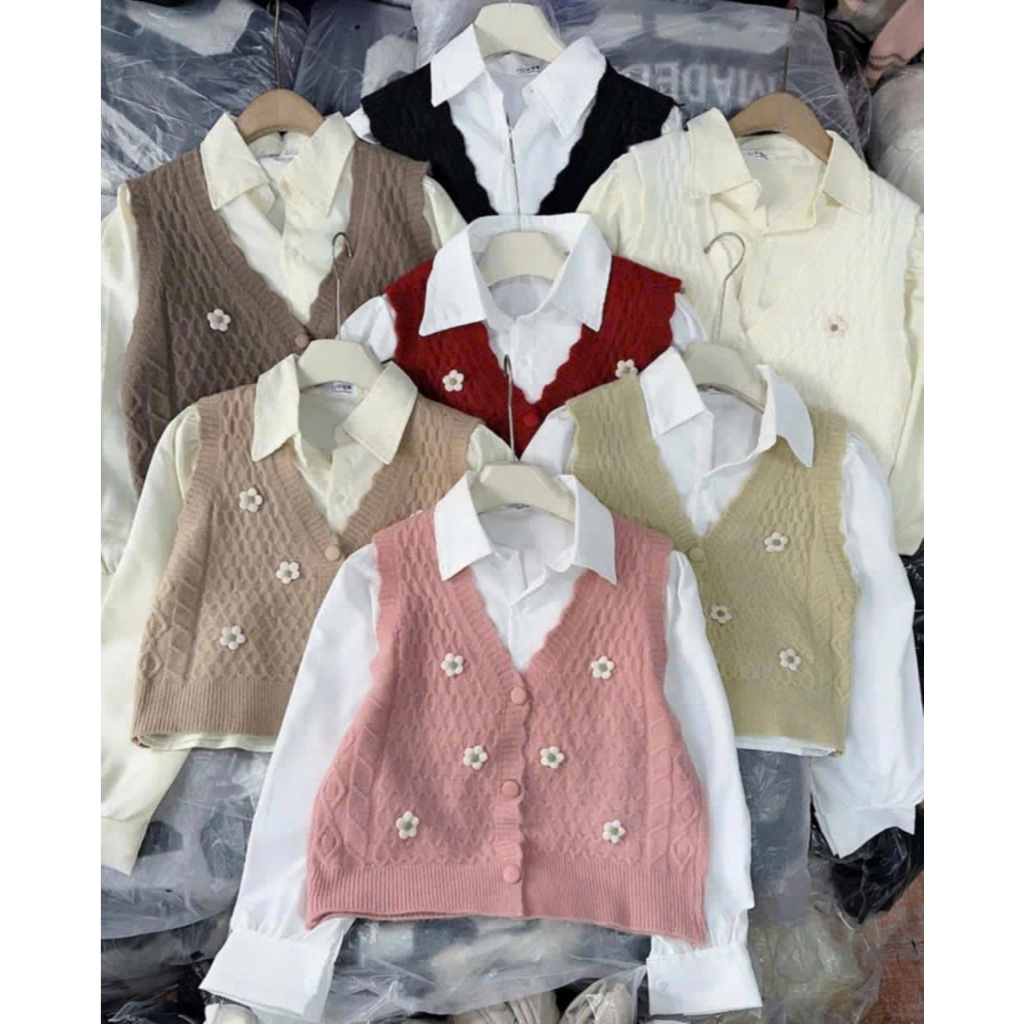 Áo Gile Len Thêu Hoa Cúc Bọc Cổ V Min House Shopee Việt Nam