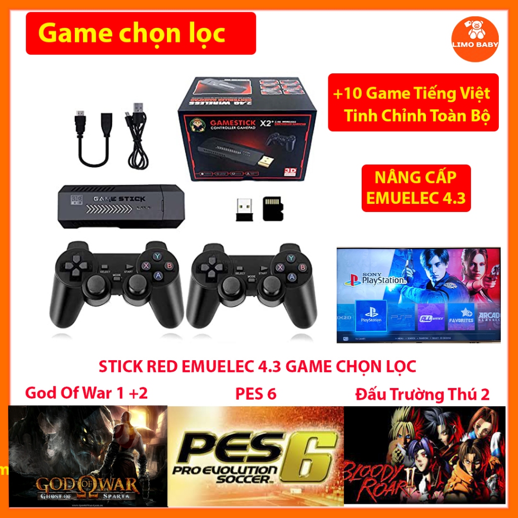 Máy Chơi Game Stick RED  HĐH Emuelec 4.3 Cài Sẵn Full Game Chọn Lọc – Tinh Chỉnh Chơi Mượt – Kèm 2 Tay cầm không dây