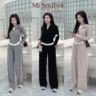 Set Bộ Dài Tay Nữ Len Lông Thỏ Có Mũ Cúc Cổ Phối Viền Trắng Nhún Eo Mix Quần Suông Dài BigSize 336