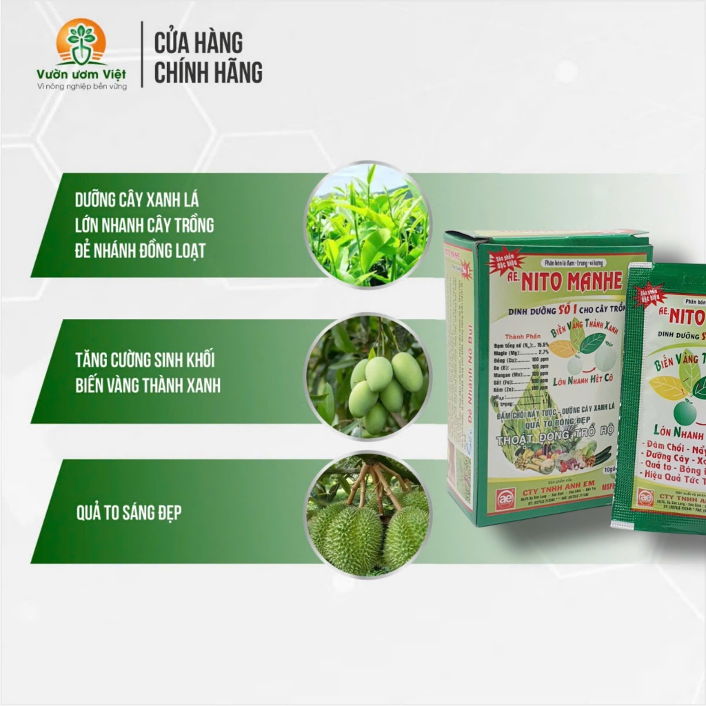 [Hộp 10 gói] Phân bón AE Nitro Manhe bổ sung dinh dưỡng, hết nhanh vàng lá, cây trồng khỏe mạnh