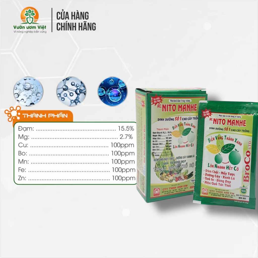 [Hộp 10 gói] Phân bón AE Nitro Manhe bổ sung dinh dưỡng, hết nhanh vàng lá, cây trồng khỏe mạnh