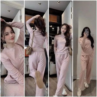 Set bộ mặc nhà Quảng Châu thiết kế áo dài tay hình mèo quần ống rộng siêu xinh