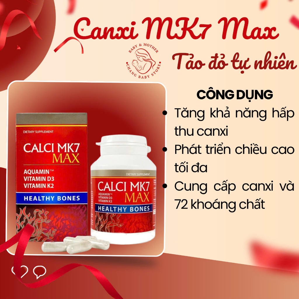 Canxi MK7 Max, Viên Uống Bổ Sung Canxi Tảo Đỏ Tự Nhiên Cho Phụ Nữ Mang Thai, Cho Con Bú, Trẻ Nhỏ
