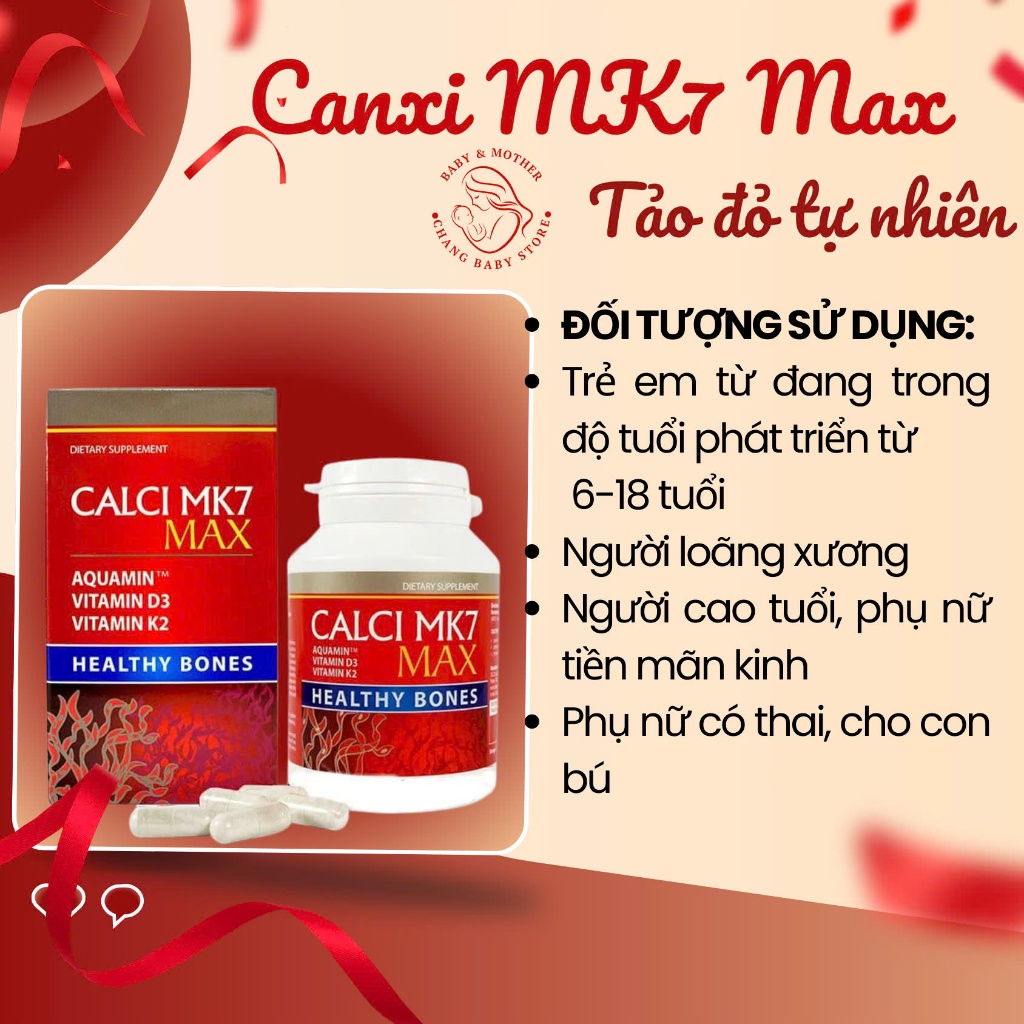 Canxi MK7 Max, Viên Uống Bổ Sung Canxi Tảo Đỏ Tự Nhiên Cho Phụ Nữ Mang Thai, Cho Con Bú, Trẻ Nhỏ