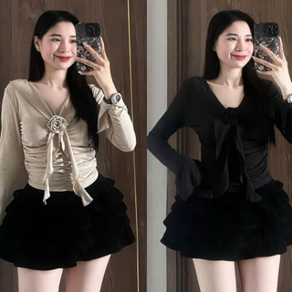 Áo Thun Zip Lông CỔ V MAY ZÚM Hoa Trà  Dáng Ôm New