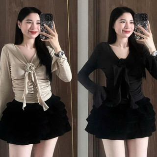 Áo Thun Zip Lông CỔ V MAY ZÚM Hoa Trà  Dáng Ôm New