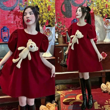 Sét đầm nhung - Đầm nữ mặc chụp tết, noel bao xịn đầm nhung đỏ babydoll tay phồng kèm gấu xinh yêu dáng ngắn công chúa