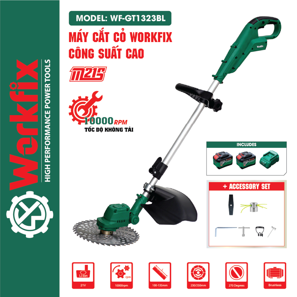 Máy cắt cỏ pin WORKFIX WF-GT1323BL, Động cơ Không chổi than, Dài 130cm ...