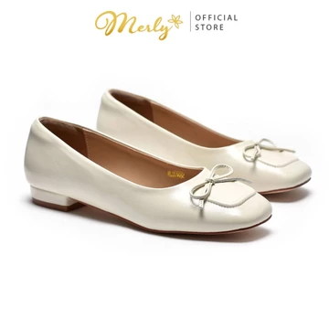 Giày Búp Bê Nữ Mũi Vuông Nơ Xinh Merly 1482 Trắng Kem, Giày Búp Bê Size Lớn, Giày Bít Mũi Nữ, Giày Công Sở Nữ