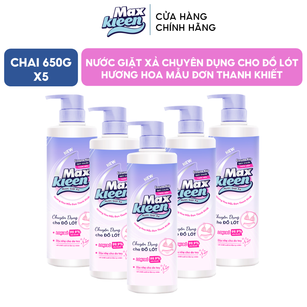 Ảnh Combo 5 Chai nước Giặt Xả MaxKleen chuyên dụng cho đồ lót Hương hoa mẫu đơn thanh khiết (650g/Chai) 1
