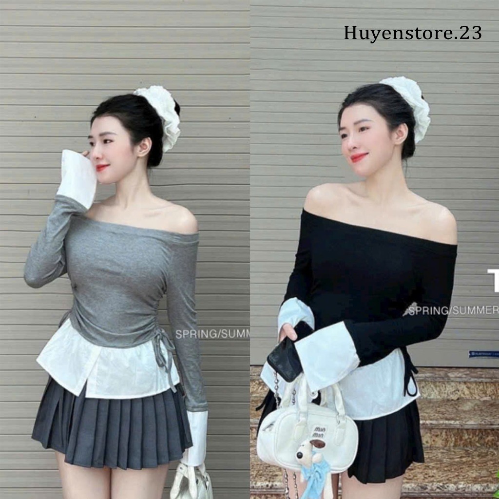 áo trễ vai nữ dài tay , áo thun tăm nữ dài tay cách điệu dây rút 2 bên eo tôn dáng tiêu thư (A150)