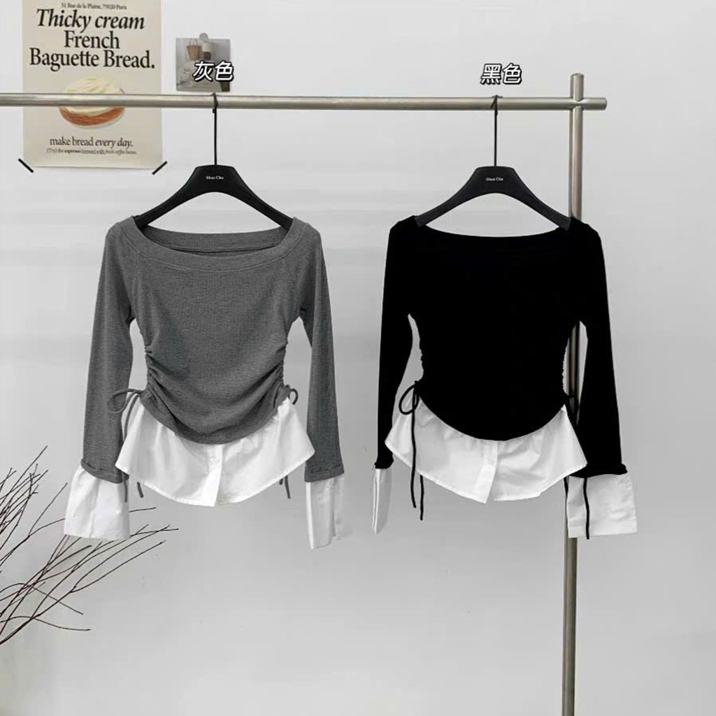 áo trễ vai nữ dài tay , áo thun tăm nữ dài tay cách điệu dây rút 2 bên eo tôn dáng tiêu thư (A150)