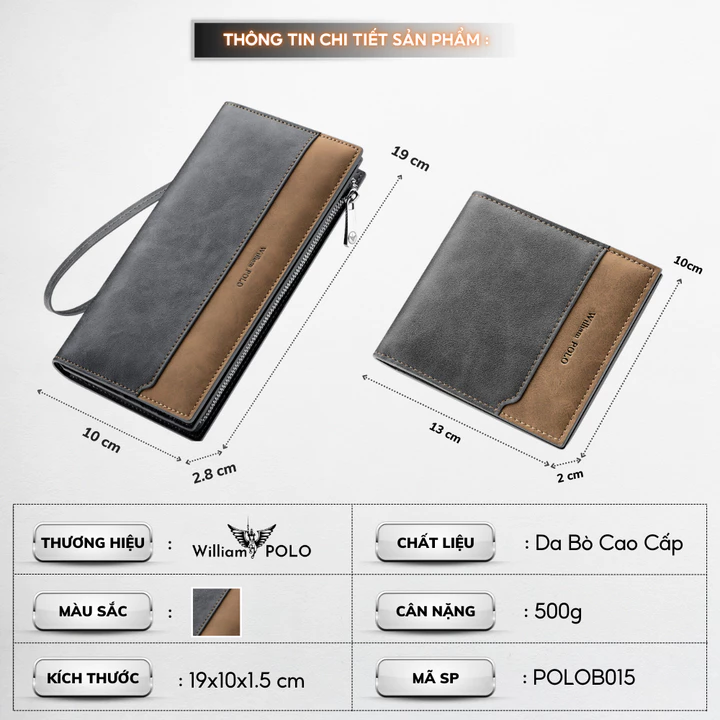Ví dài cầm tay nam da bò chính hãng William POLO cao cấp ví đứng cầm tay full hộp đựng bóp nam da bò cao cấp - 𝑰𝑩𝑨𝑮