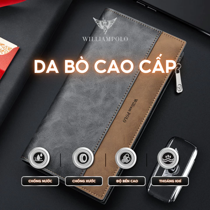 Ví dài cầm tay nam da bò chính hãng William POLO cao cấp ví đứng cầm tay full hộp đựng bóp nam da bò cao cấp - 𝑰𝑩𝑨𝑮