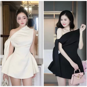 Váy Thiết Kế Lệch Vai Buộc Nơ Chiết Eo Dáng Xoè Sang Chảnh 2 Màu