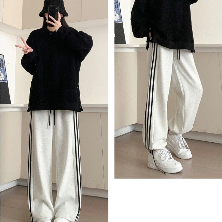 Quần Jogger 3 Sọc Vải Nỉ 2 Da Quần Ống Rộng Dáng Suông Unisex Nam Nữ Dày Dặn Mềm Mại P5