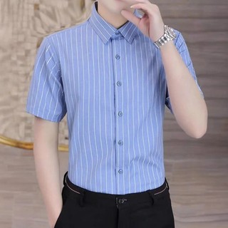 Áo sơ mi nam kẻ sọc tay ngắn lụa hàn họa tiết Thời Trang Menswear Có Cổ