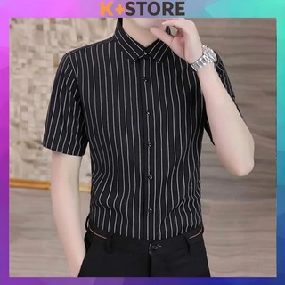Áo sơ mi nam kẻ sọc tay ngắn lụa hàn họa tiết Thời Trang Menswear Có Cổ