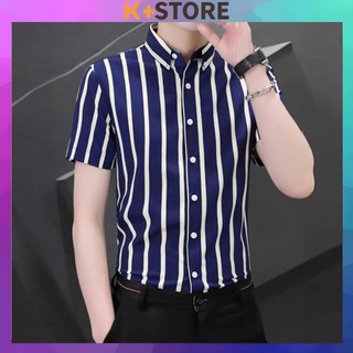 Áo sơ mi nam ngắn tay lụa hàn họa tiết kẻ sọc form Thời Trang thanh lịch Menswear