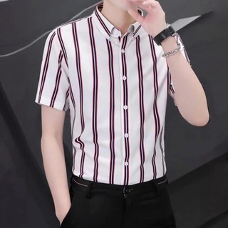 Áo sơ mi nam ngắn tay lụa hàn họa tiết kẻ sọc form Thời Trang thanh lịch Menswear