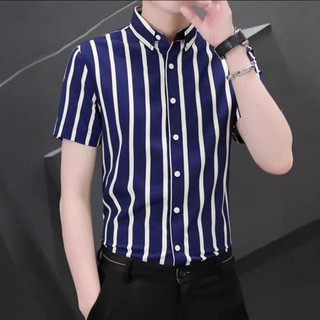 Áo sơ mi nam ngắn tay lụa hàn họa tiết kẻ sọc form Thời Trang thanh lịch Menswear