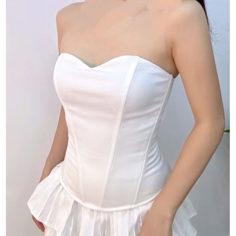 Áo corset dáng dài cúp ngực tube basic ống có gọng 2 lớp dày mịn phong cách y2k màu trắng